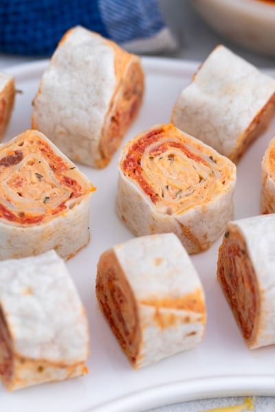 overhead shot of tray of pizza pinwheels