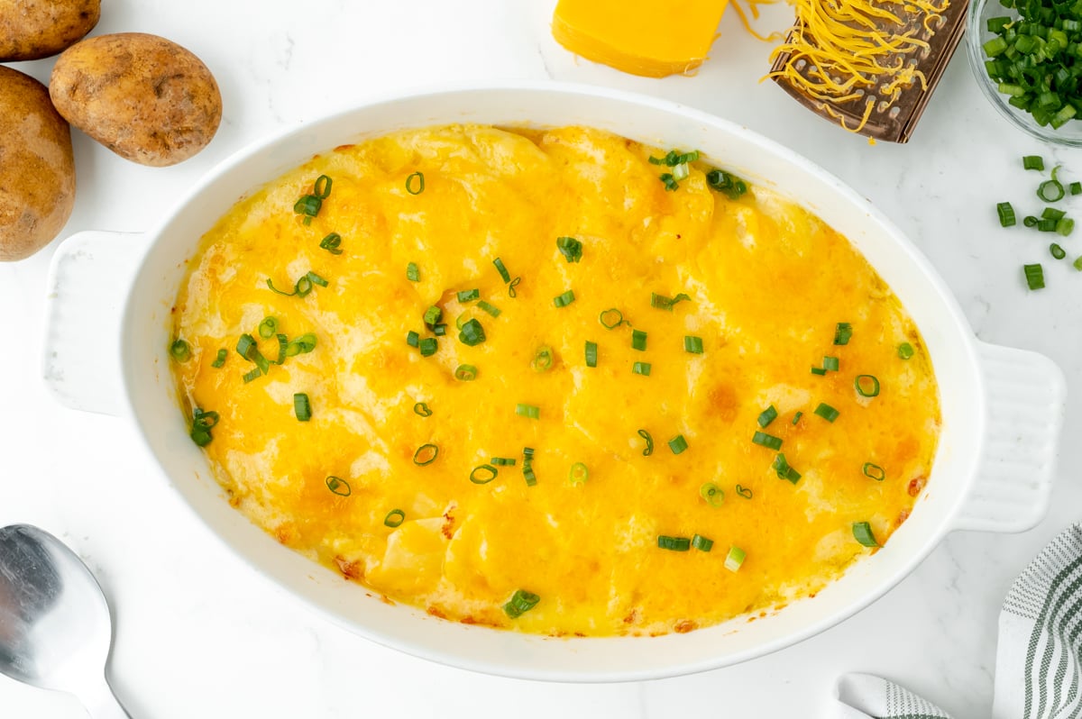 overhead shot of baked au gratin potatoes