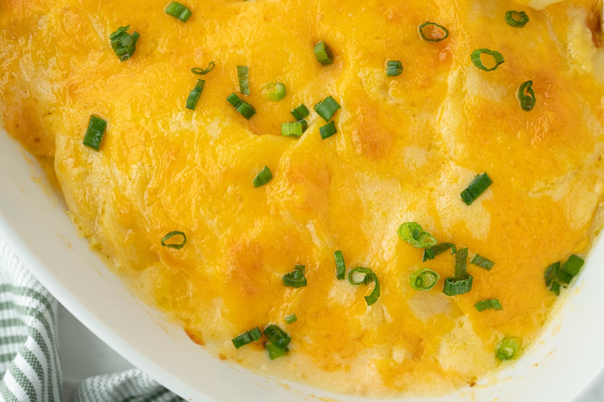 close up overhead shot of baked au gratin potatoes