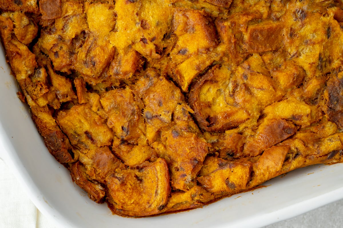 close up overhead shot of pumpkin bread pudding