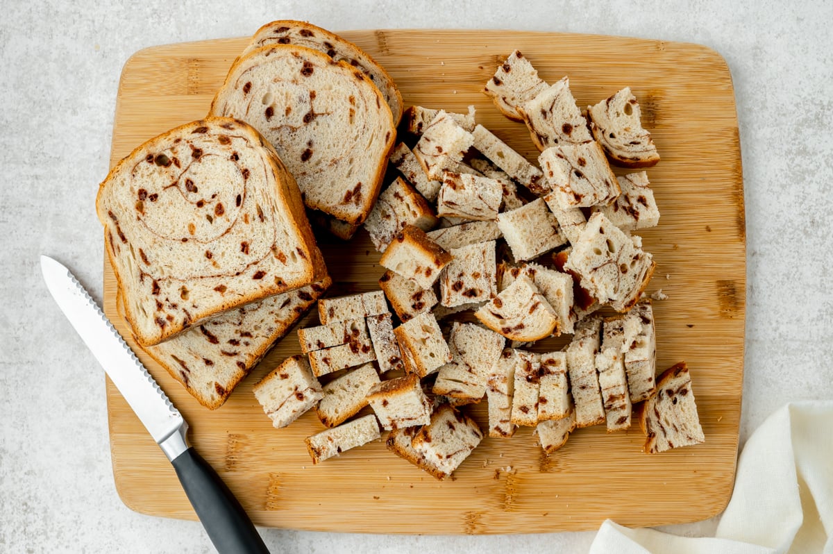 overhead shot of sliced cinnamon bread on cutting board