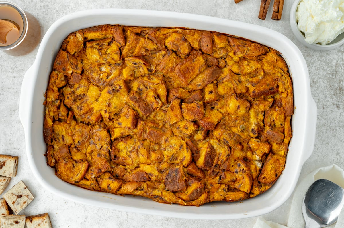 overhead shot of baked pumpkin bread pudding