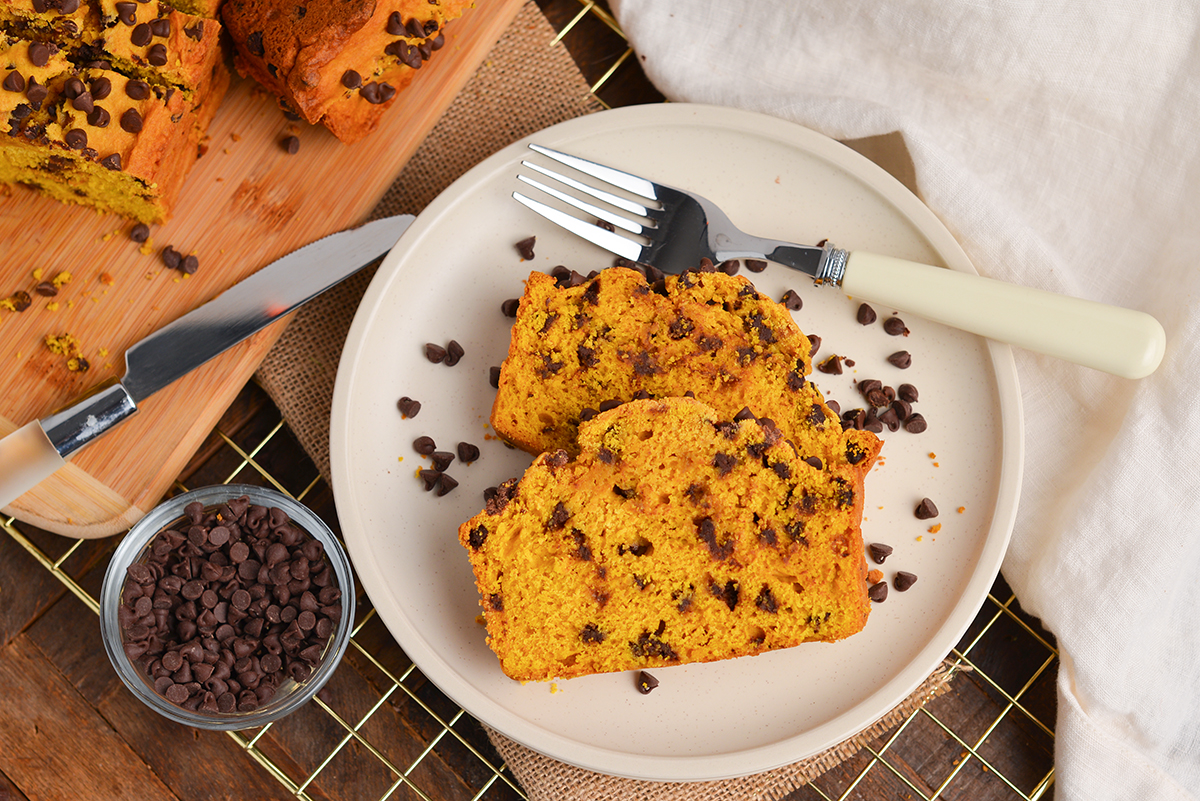 two slices of pumpkin bread on a white plate