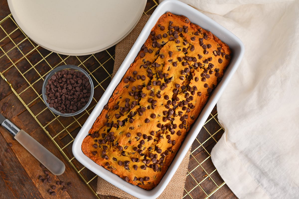 overhead baked pumpkin bread with mini chocolate chips
