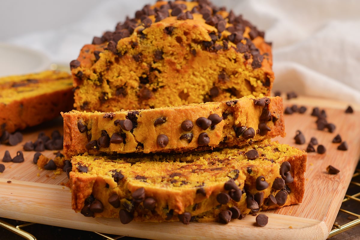 close up of chocolate chips on pumpkin bread