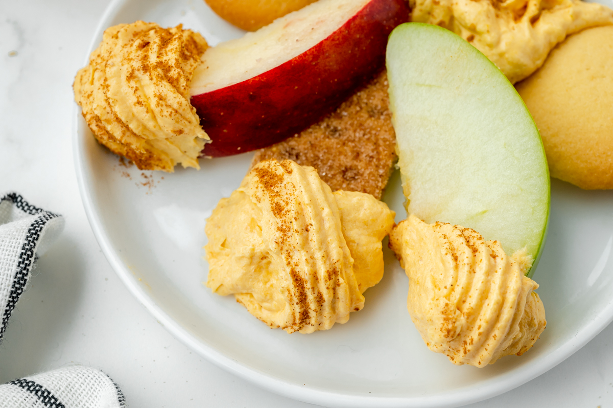 apple slices and graham cracker on plate with pumpkin dip