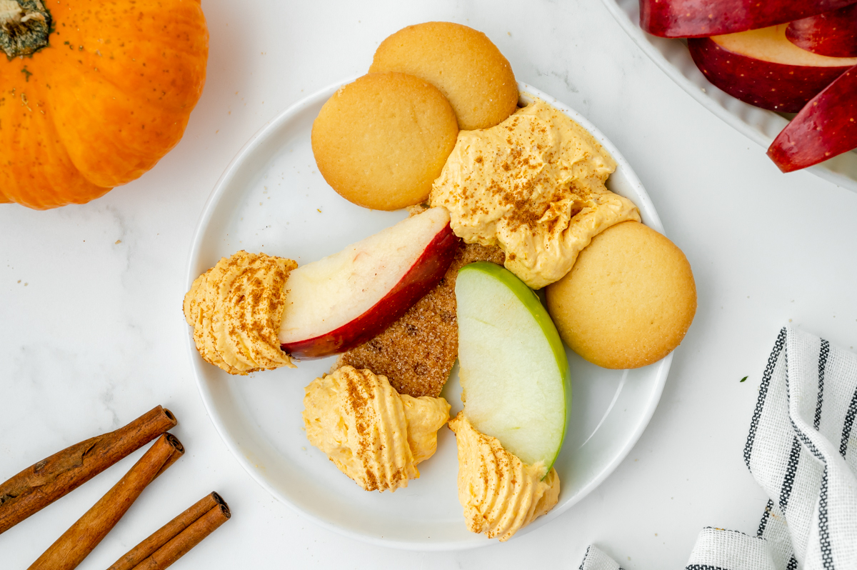 overhead shot of plate of dippers with pumpkin fluff