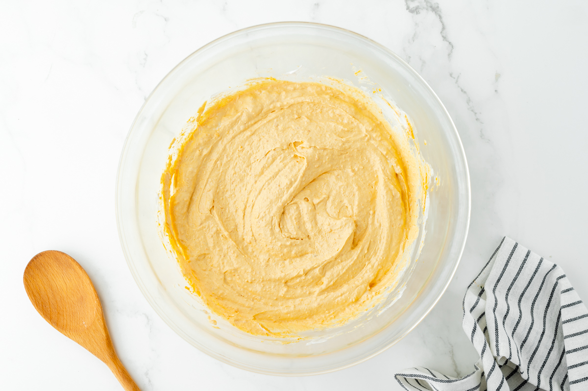 overhead shot of pumpkin fluff in a mixing bowl