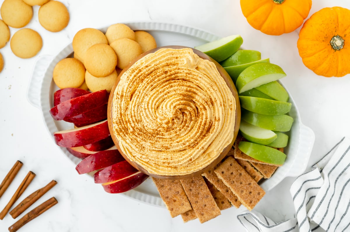 overhead shot of pumpkin fluff surrounded by dippers