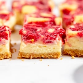 side view of layers on raspberry cheesecake bars