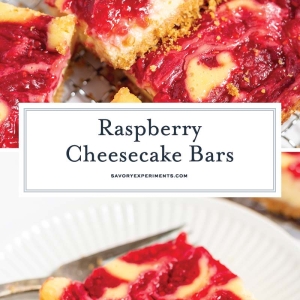 collage of raspberry cheesecake bars with graham cracker crust for pinterest