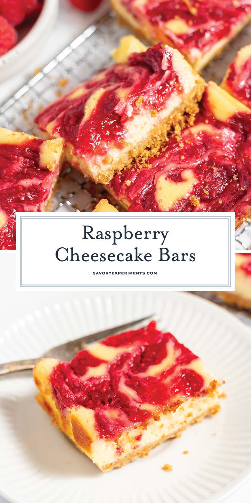 collage of raspberry cheesecake bars with graham cracker crust for pinterest