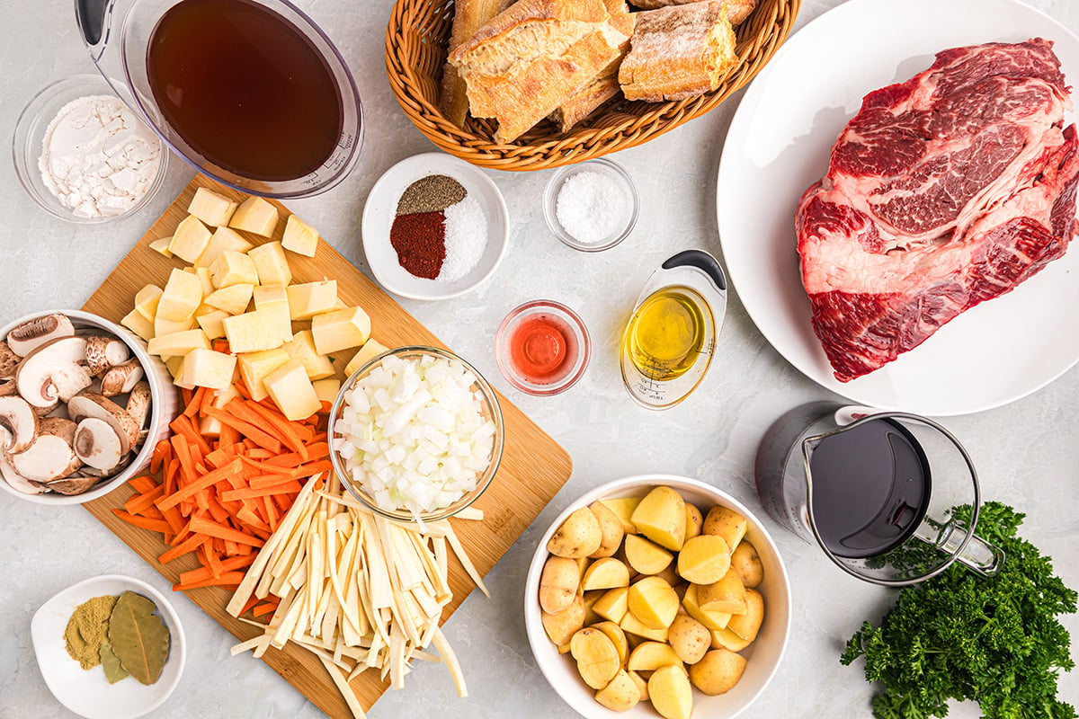 overhead shot of red wine beef stew ingredients