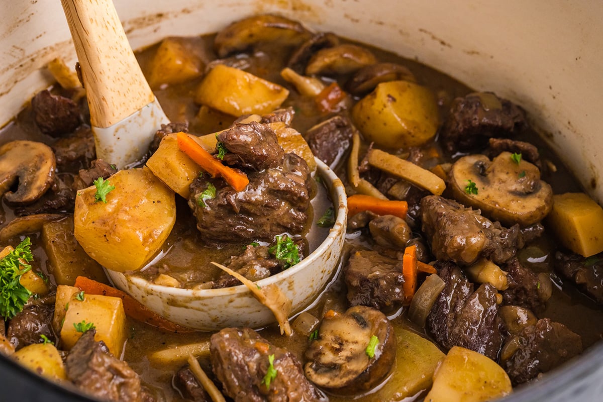 close up angled shot of ladle in beef stew