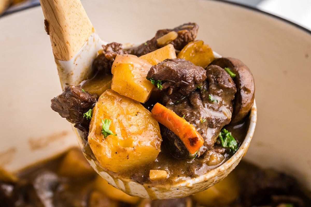 close up of ladle full of beef stew