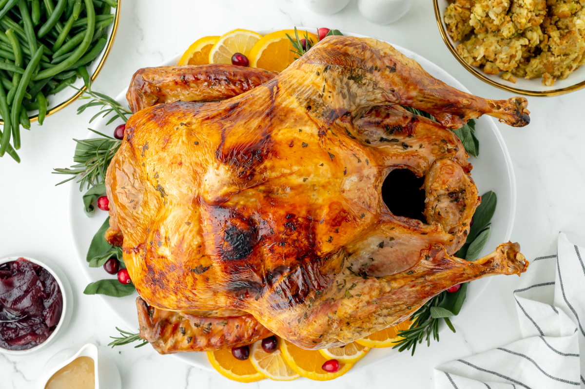 overhead roasted turkey on a serving platter