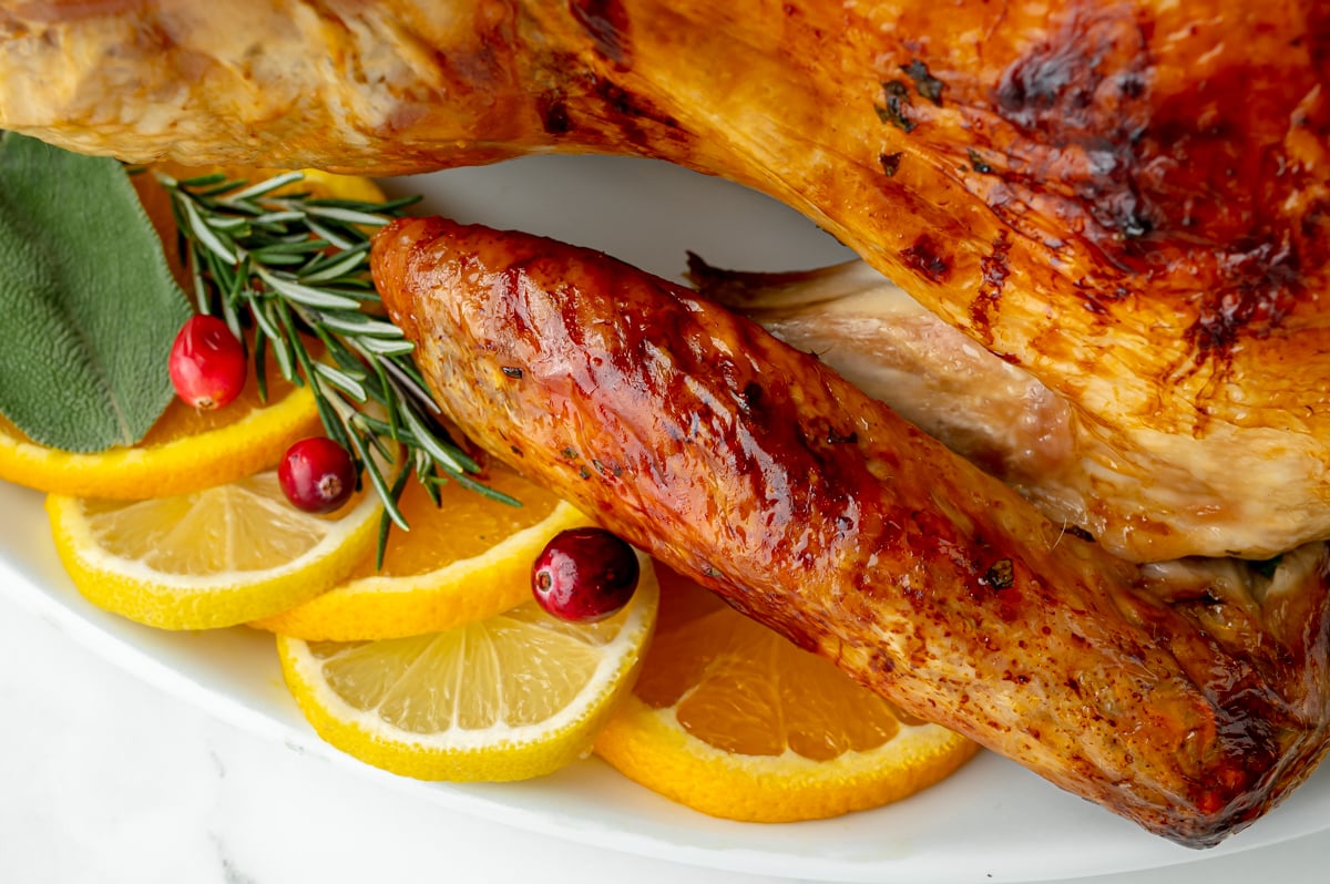 close up of browned turkey leg with fruits and herbs