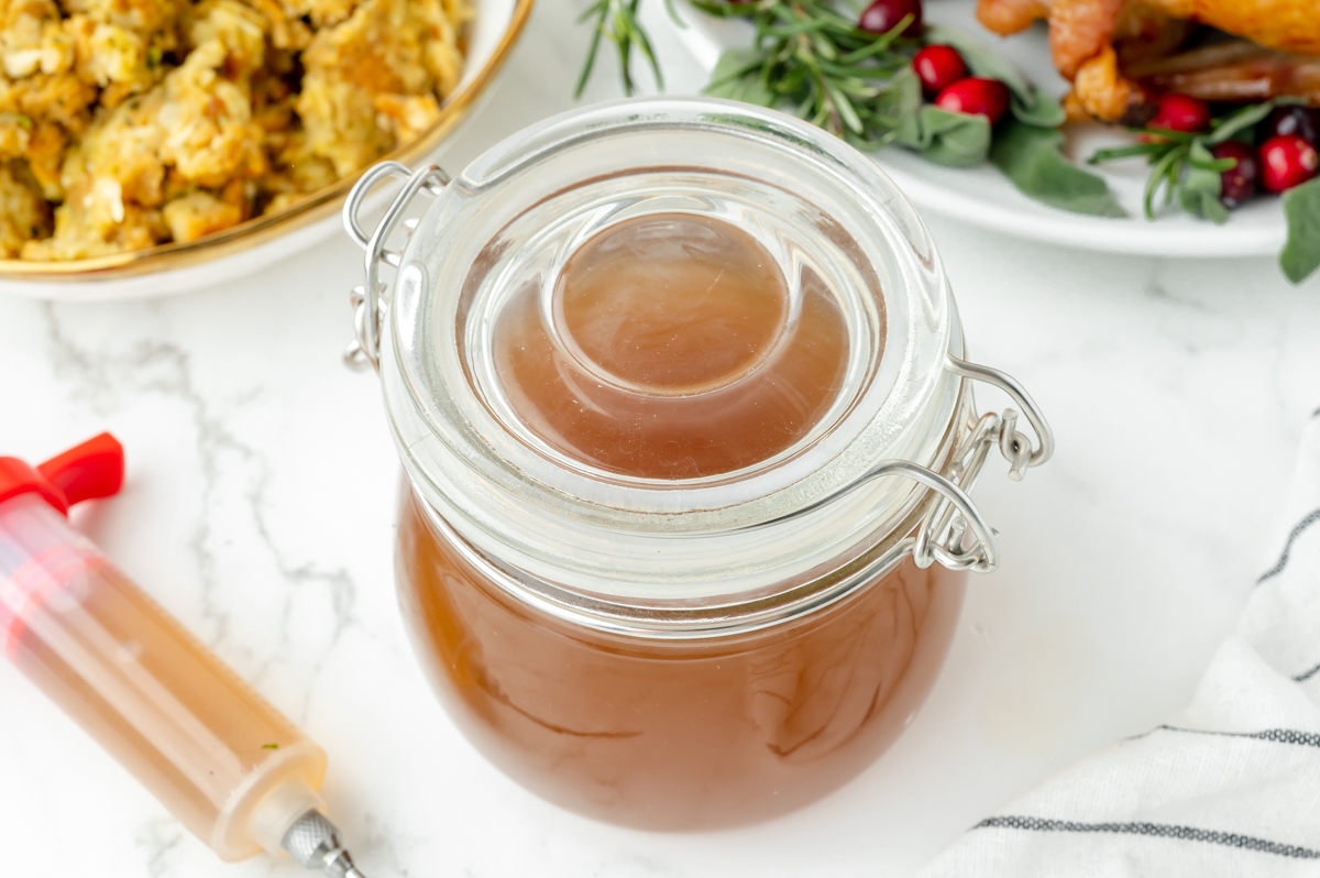 angled shot of jar of turkey injection seasoning