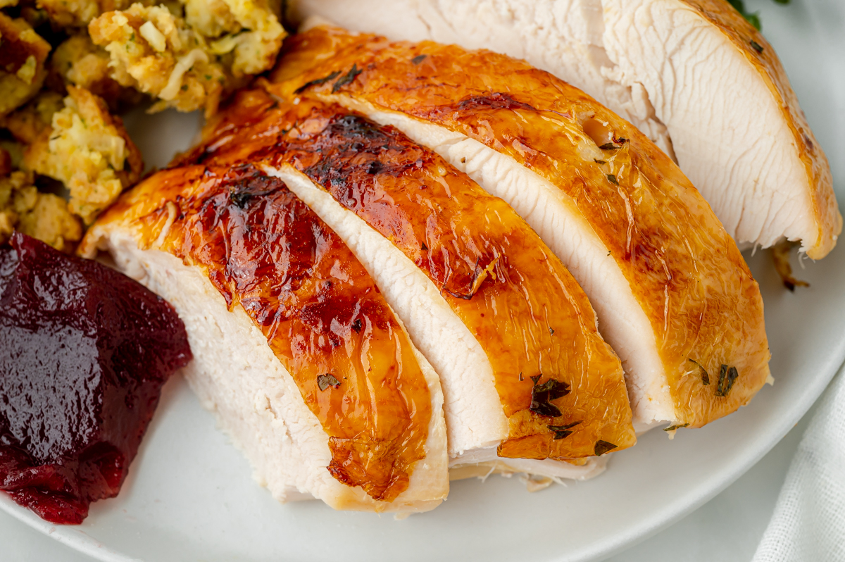 close up of sliced turkey with crispy skin
