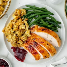 overhead plate of sliced turkey for thanksgiving