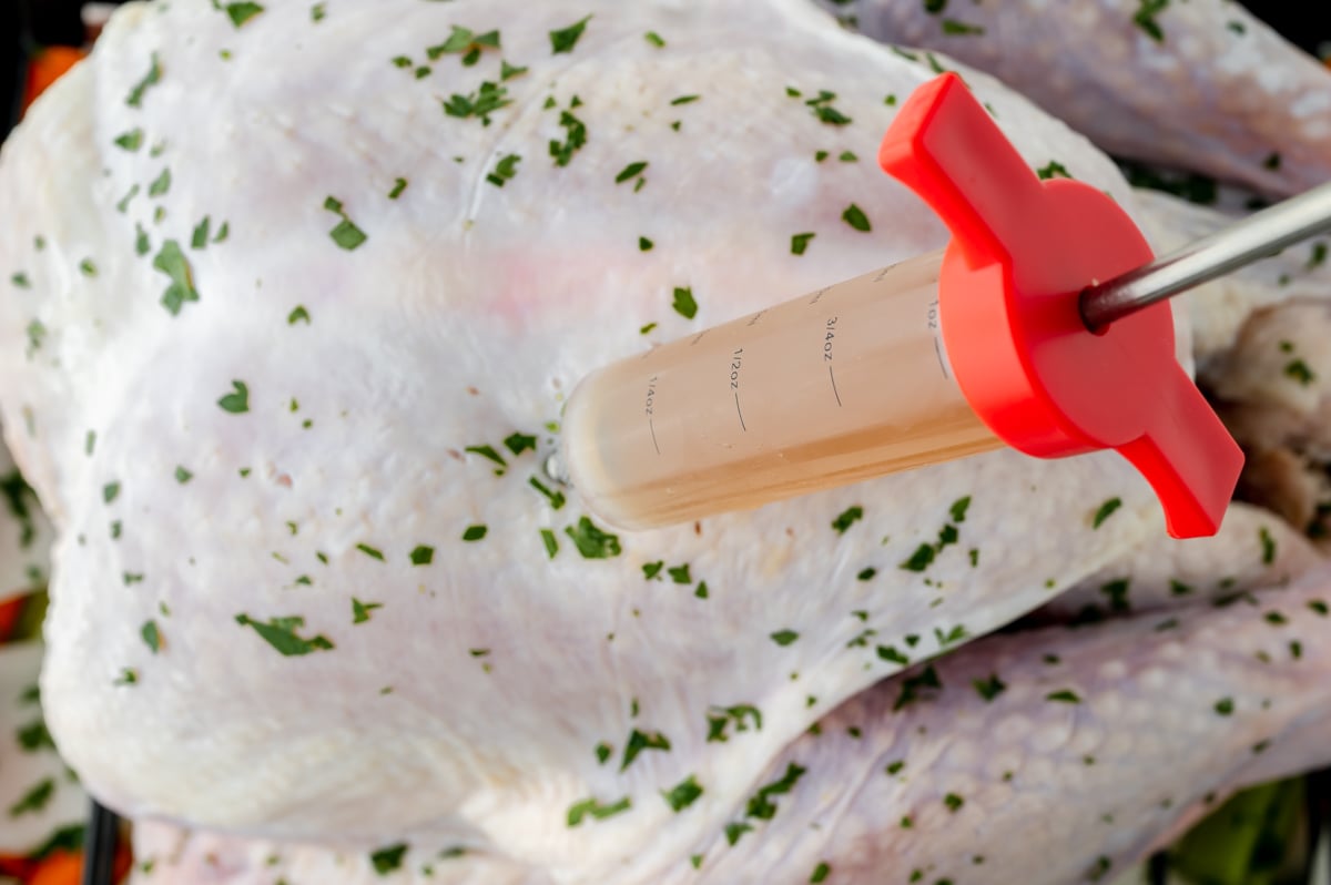 close up overhead shot of turkey injection syringe in turkey