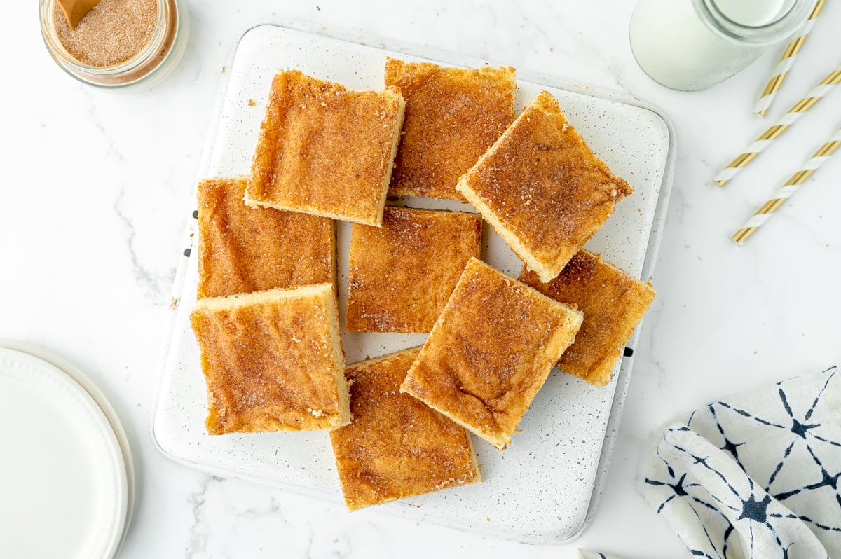 overhead shot of plate of snickerdoodle bars