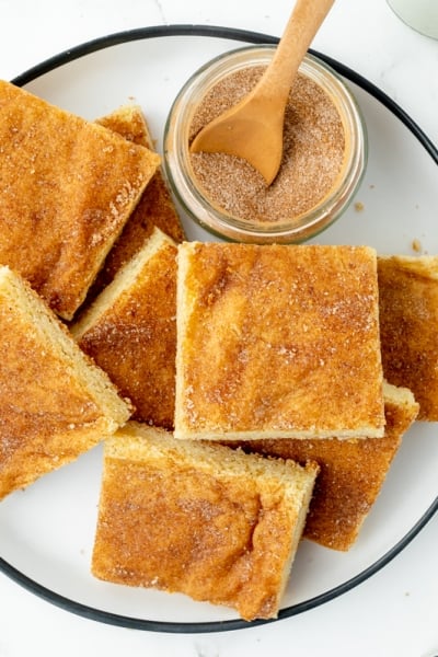 overhead shot of plate of snickerdoodle cookie bars