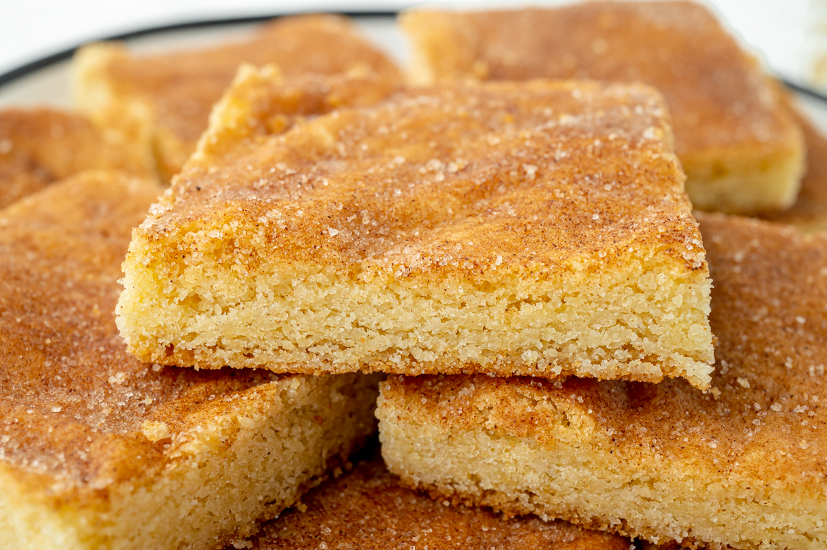 close up angled shot of plate of snickerdoodle bars