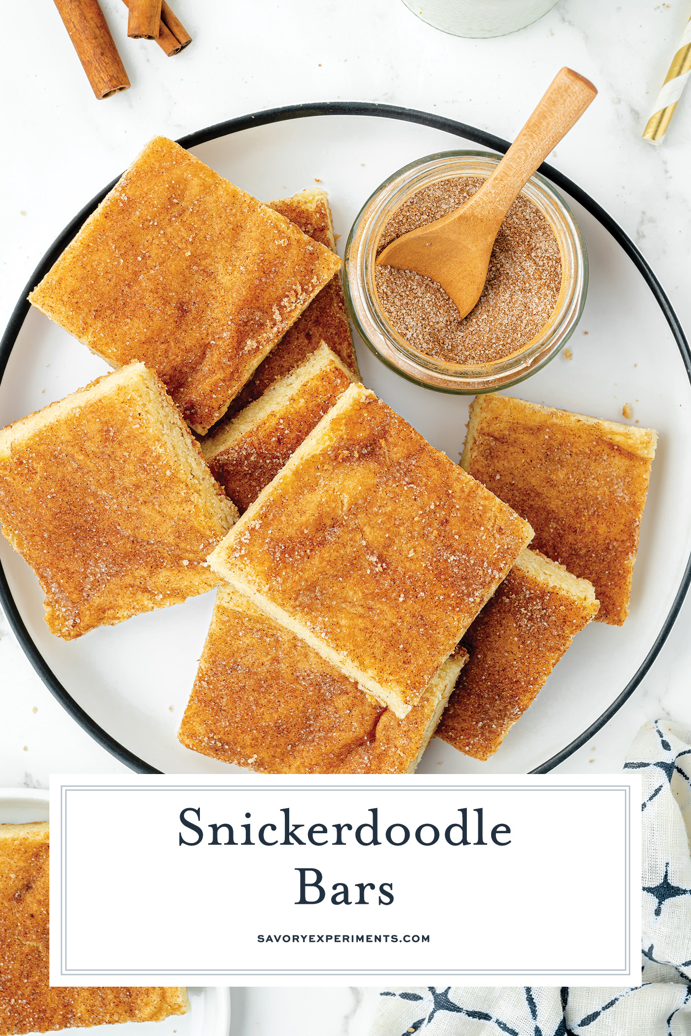 overhead shot of plate of snickerdoodle bars with text overlay for pinterest