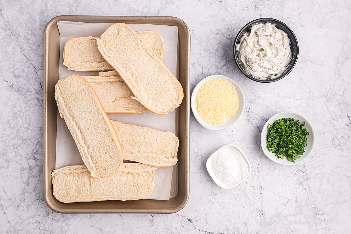 overhead shot of truffle garlic bread ingredients