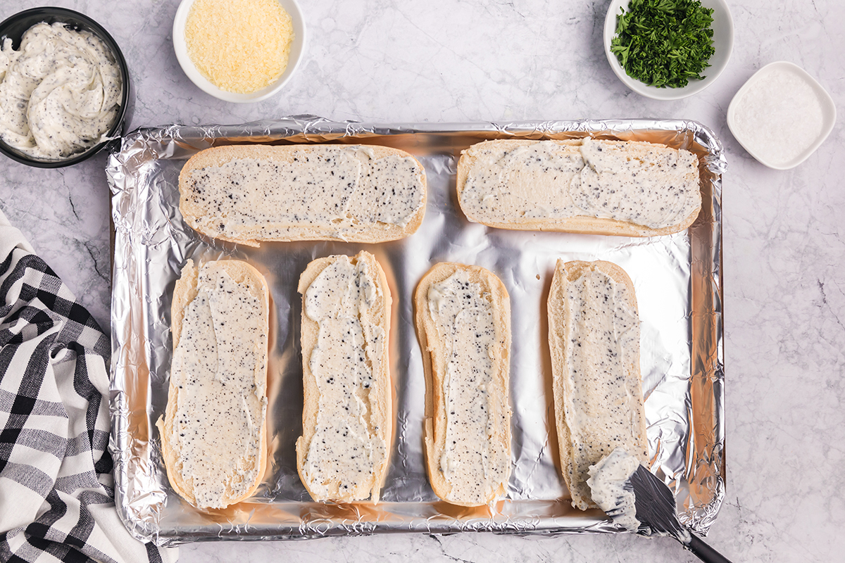overhead shot of truffle butter spread onto bread slices