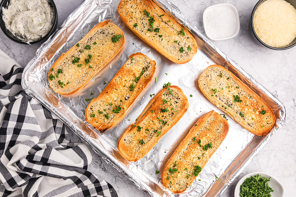 overhead shot of baked truffle garlic bread