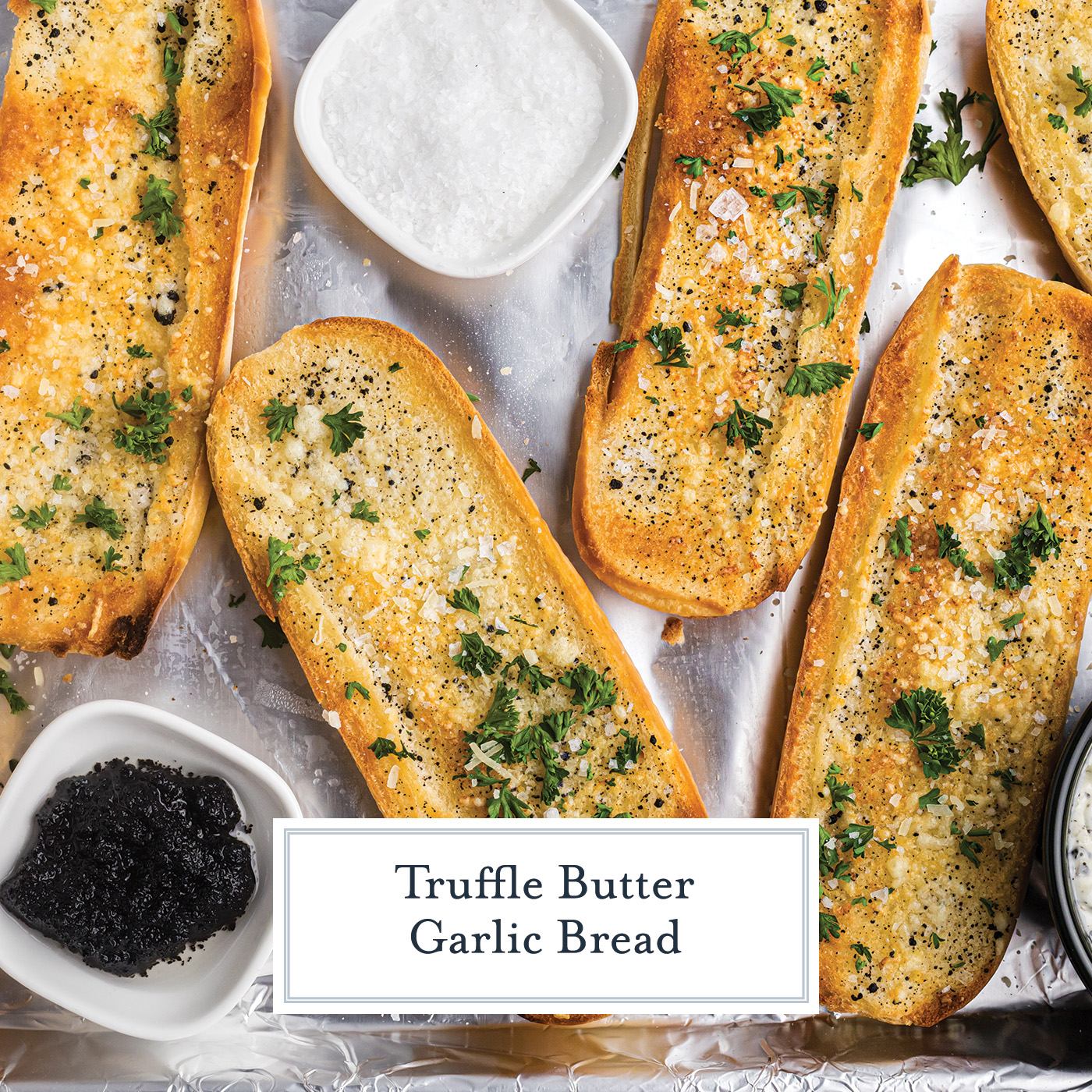 overhead shot of tray of truffle garlic bread with text overlay for facebook