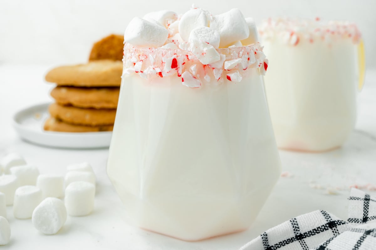 straight on shot of mug of white hot chocolate topped with marshmallows