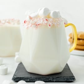 straight on shot of two mugs of white hot chocolate