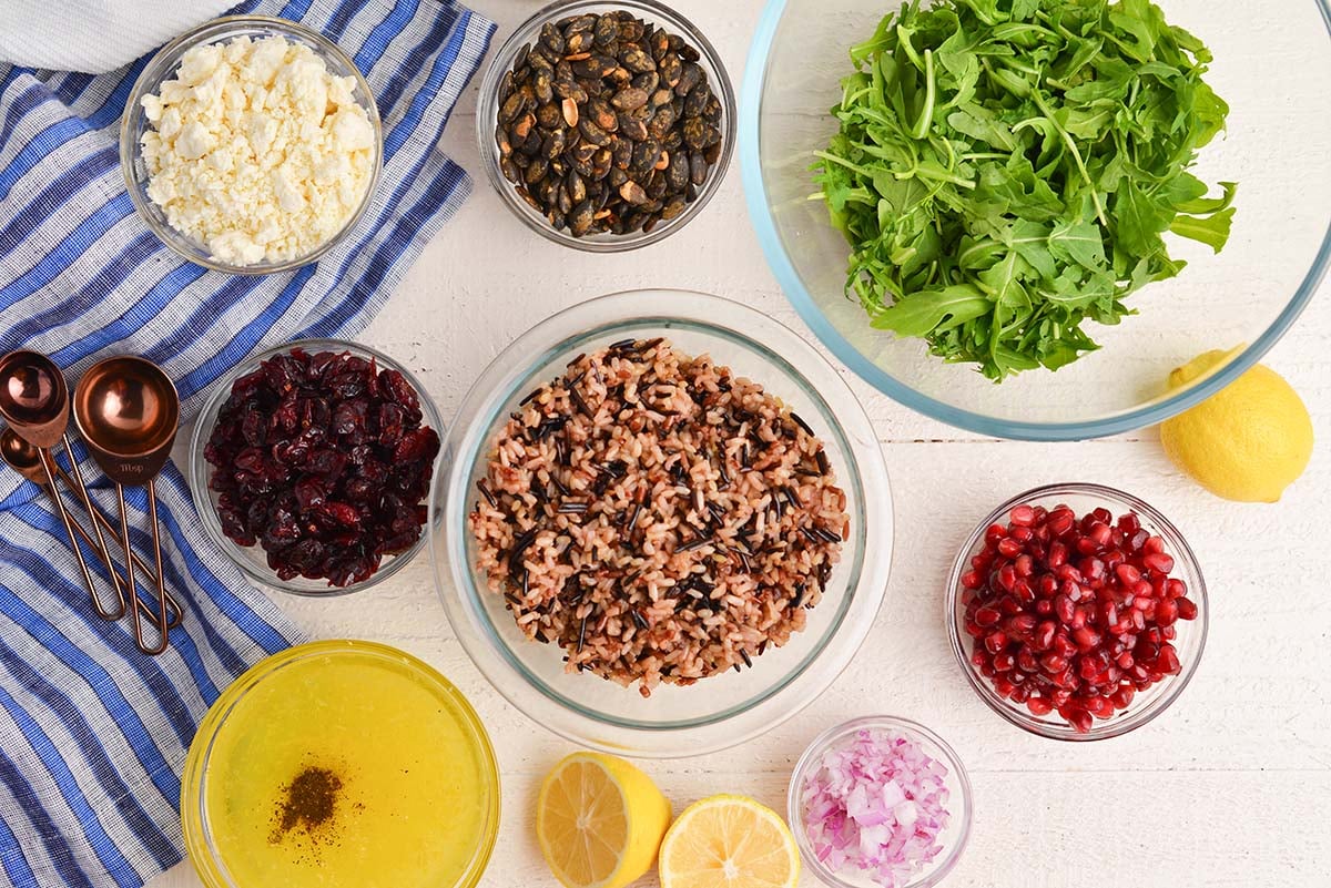 overhead shot of wild rice salad ingredients