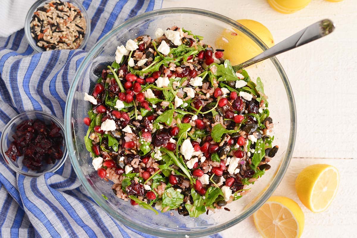 overhead shot of wild rice salad in bowl