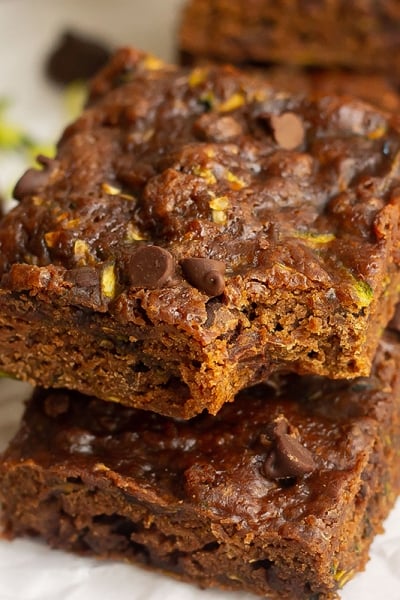 angle view bite shot of zucchini brownies