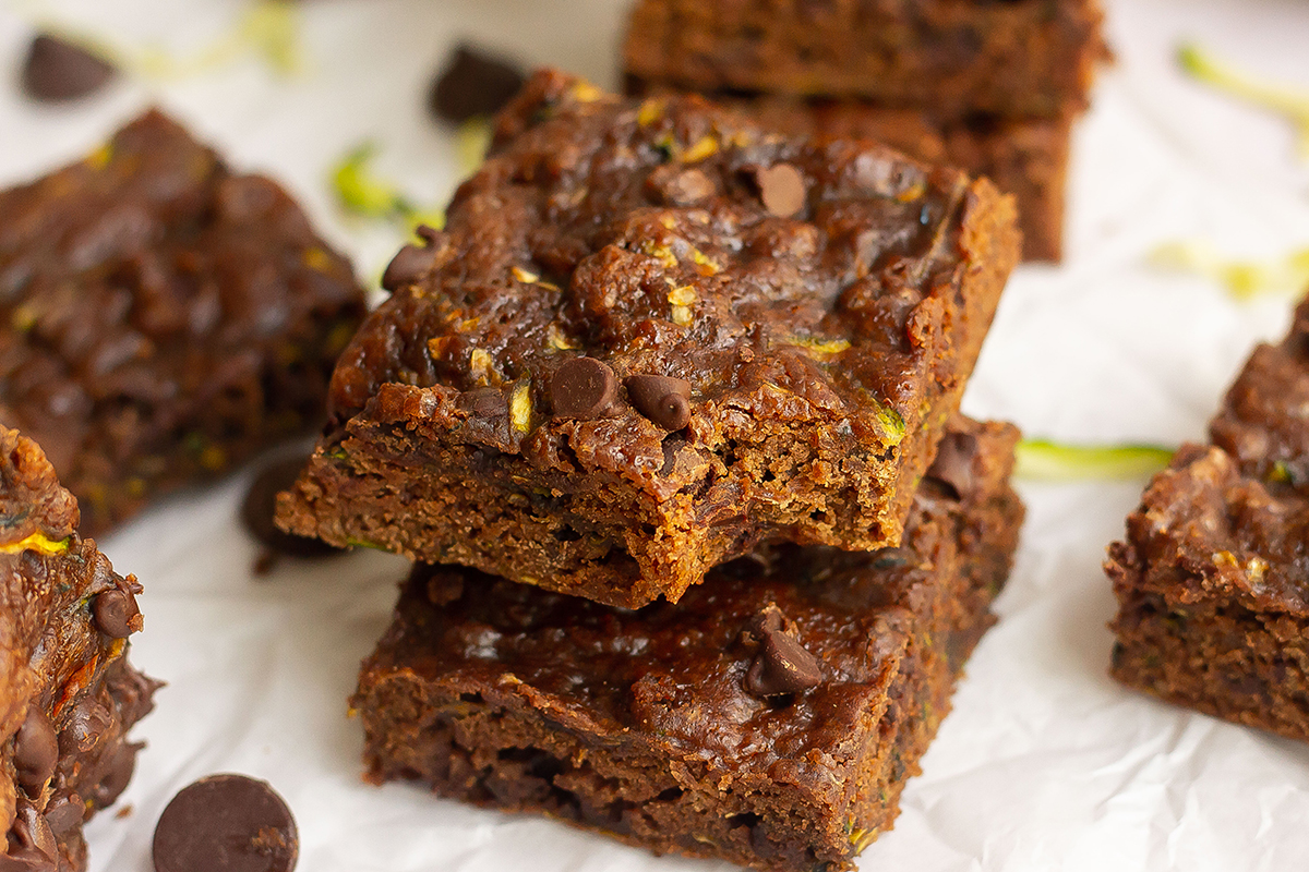 angle view bite shot of zucchini brownies