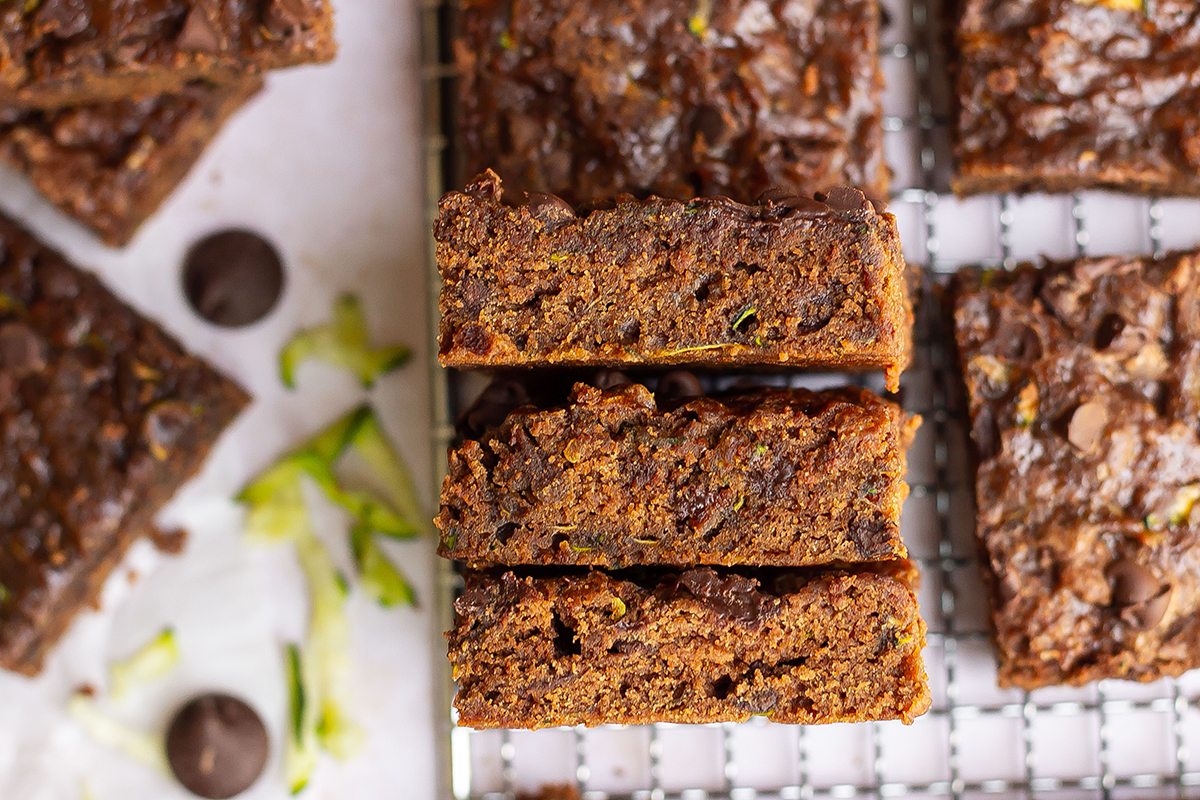 cross sectional view of zucchini brownies on a cooling rack