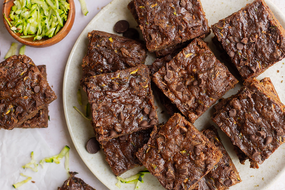 serving platter of square brownies with chocolate chips