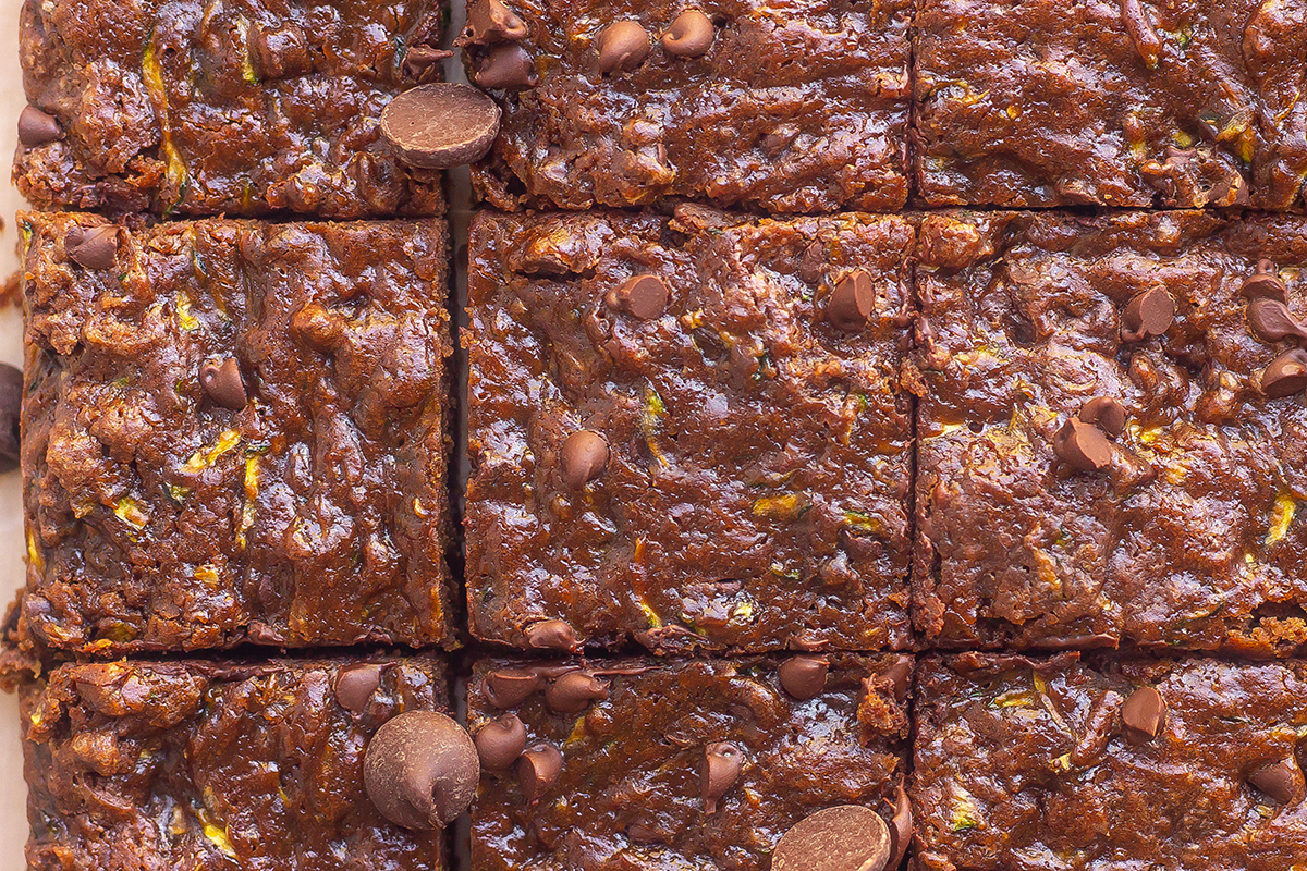 overhead slices of brownies with zucchini in them