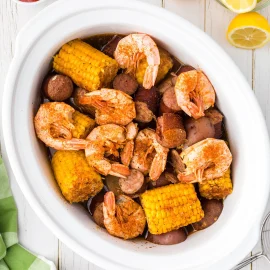 overhead shot of crockpot shrimp boil