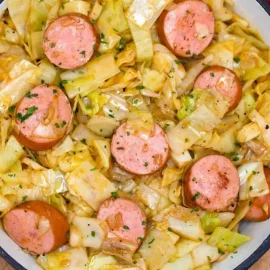 overhead shot of fried cabbage and kielbasa