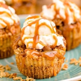 angled shot of mini caramel cheesecakes on plate