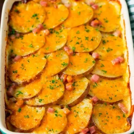 angled shot of pan of scalloped potatoes