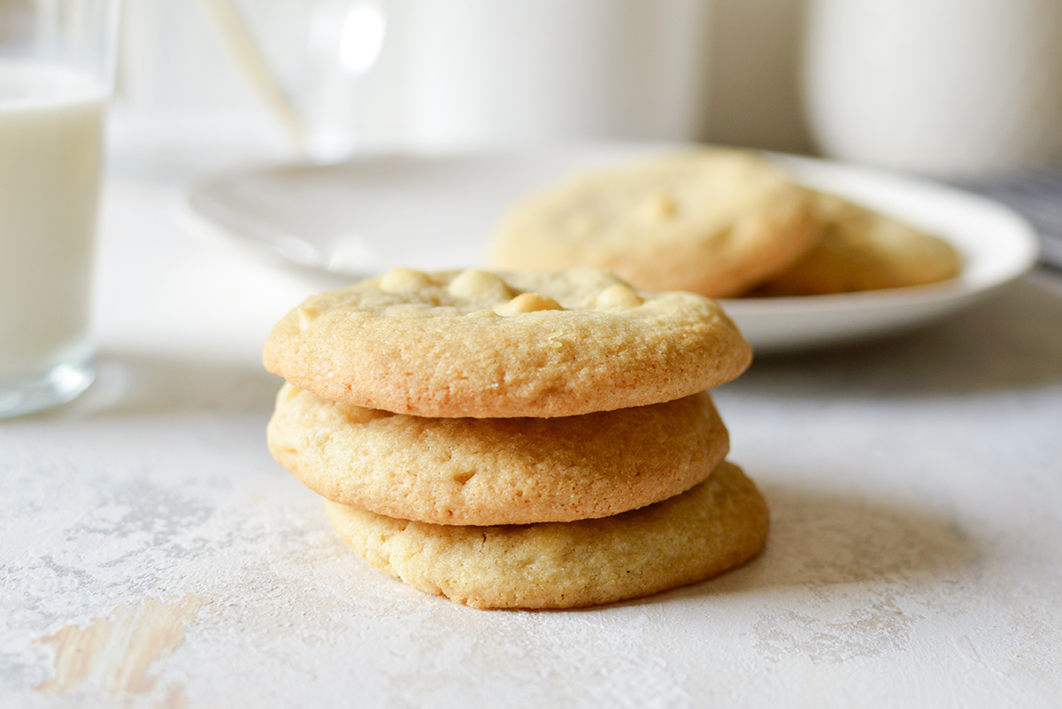 stack of 3 white chocolate chip cookies