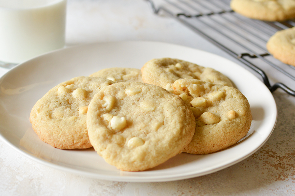 angle view of white chocolate chip cookies