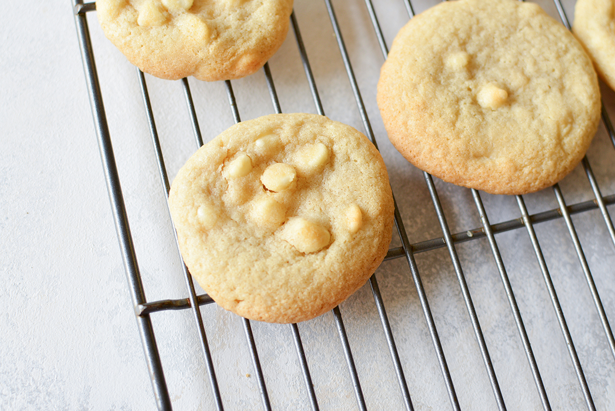 white chocolate chip cookie on a wire cooling rack