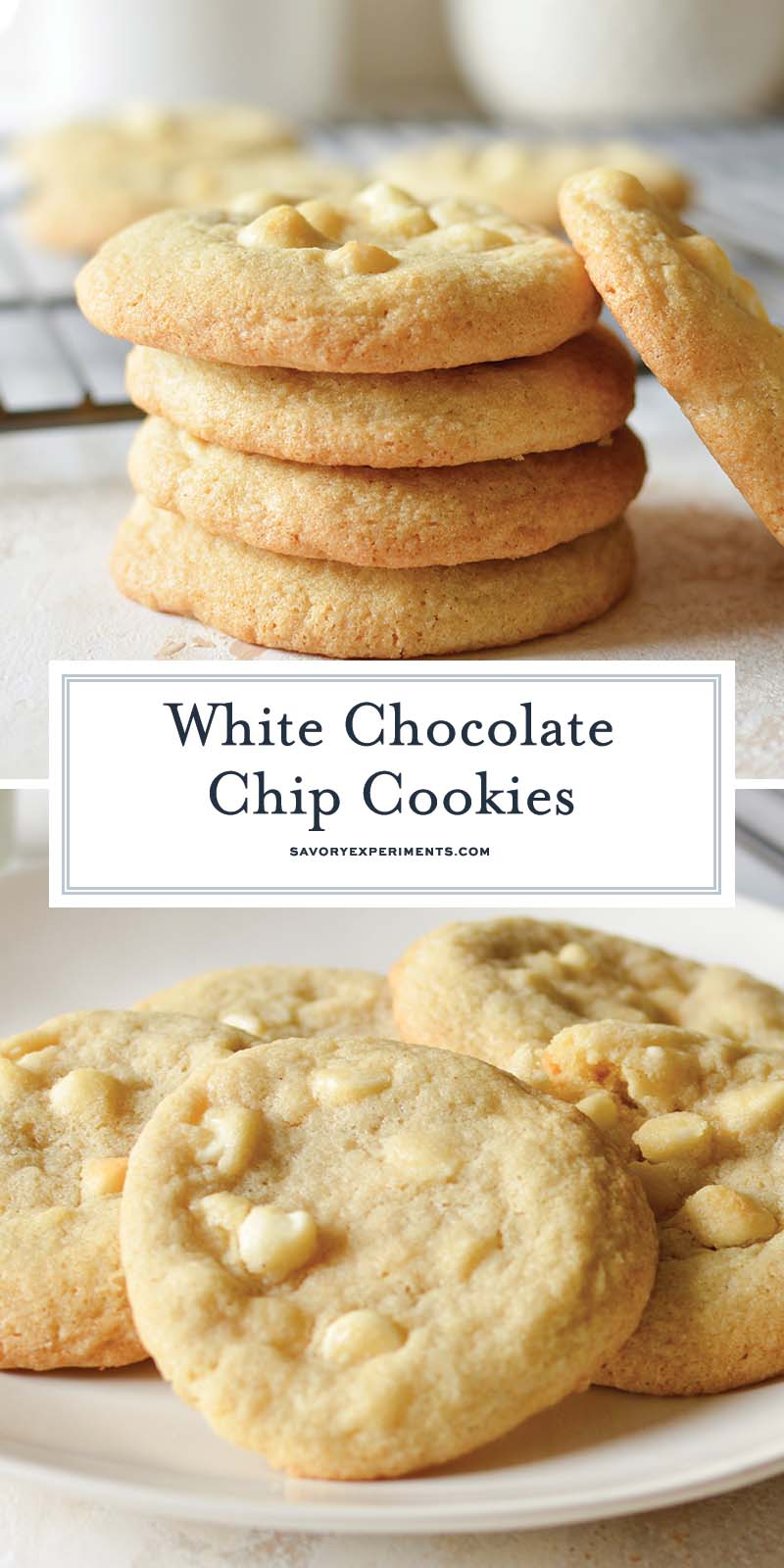 collage of white chocolate chip cookies